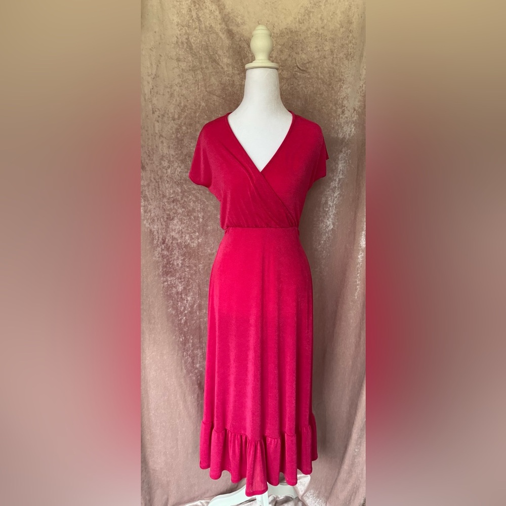 Velvet Torch Fuchsia Wrap Midi Dress with Ruffle Hem – XS
